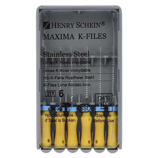 Maxima Hand K-File 21 mm Size 20 Stainless Steel Yellow 6/Pk