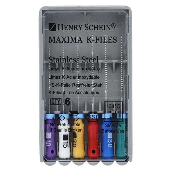 Maxima Hand K-File 25 mm Size 10-35 Stainless Steel Assorted 6/Pk