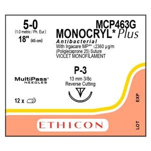 Suture 5-0 TCS/PCL25 P-3 Monocryl Plus Violet 18" Monofilament 12/Bx