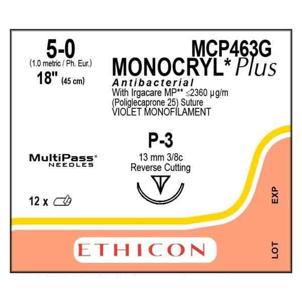 Suture 5-0 TCS/PCL25 P-3 Monocryl Plus Violet 18" Monofilament 12/Bx