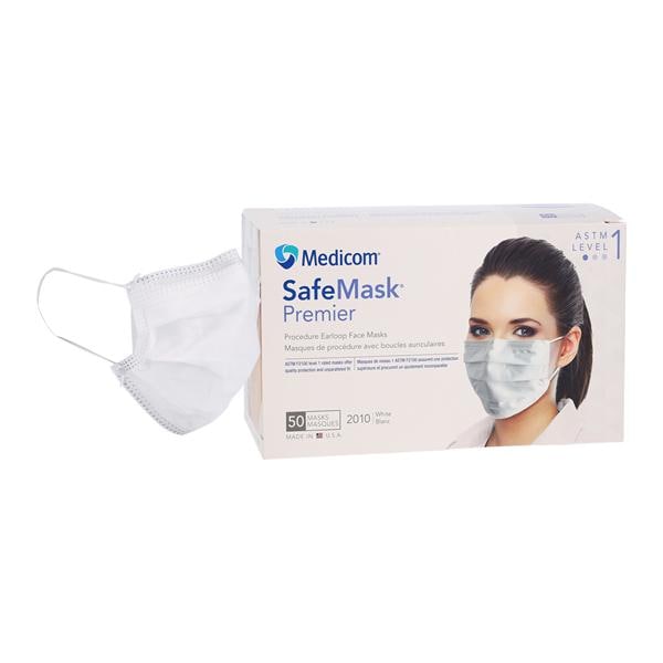 SafeMask Premier Earloop Face Mask ASTM Level 1 White 50/Bx, 10 BX/CA