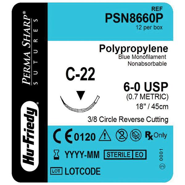 Suture 6-0 Polypropylene C-22 Perma Sharp Blue 18" Monofilament 12/Bx