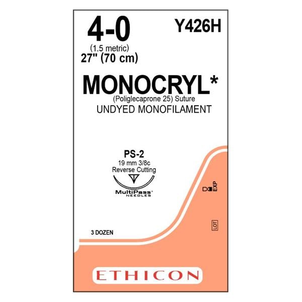 Suture 4-0 Poliglecaprone 25 PS-2 Monocryl Undyed 27" Monofilament 36/Bx