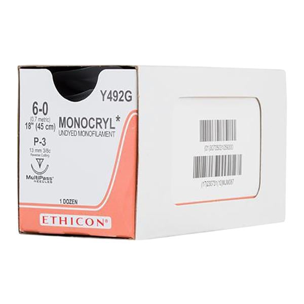 Suture 6-0 Poliglecaprone 25 P-3 Monocryl Undyed 18" Monofilament 12/Bx