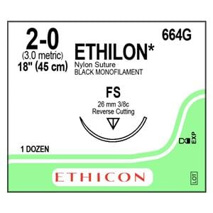 Suture 2-0 Nylon FS Ethilon Black 18" Monofilament 12/Bx