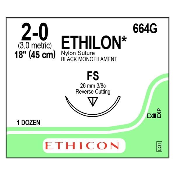 Suture 2-0 Nylon FS Ethilon Black 18" Monofilament 12/Bx