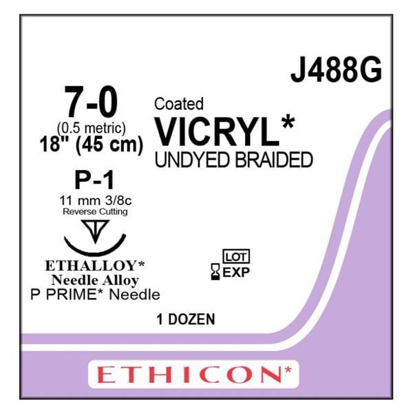 Suture 7-0 Polyglactin 910 P-1 Vicryl Undyed 18" Braid 12/Bx