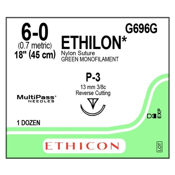 Ethilon Suture 6-0 Nylon P-3 Green 18" Monofilament 12/Bx