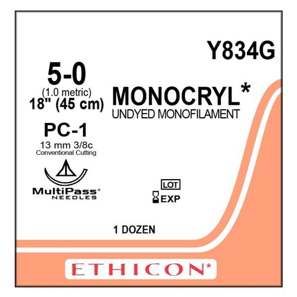 Suture 5-0 Poliglecaprone 25 PC-1 Monocryl Undyed 18" Monofilament 12/Bx