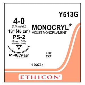 Suture 4-0 Poliglecaprone 25 PS-2 Monocryl Violet 18" Monofilament 12/Bx