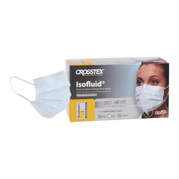 Isofluid Secure Fit Earloop Face Mask ASTM Level 1 Anti-Fog Blue 50/Bx