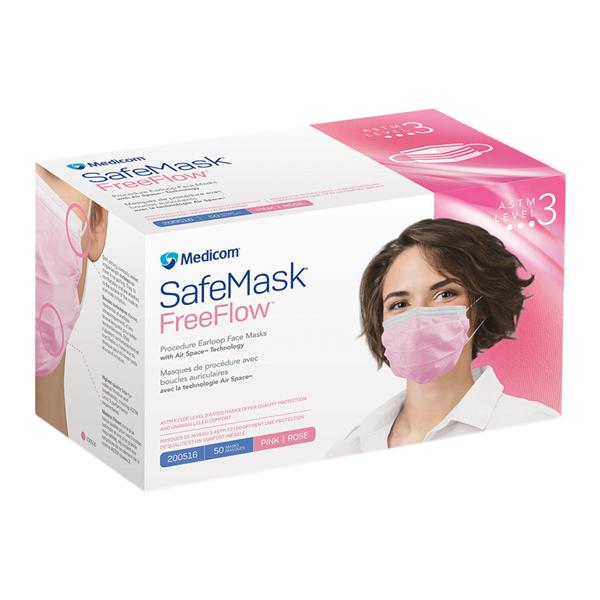 SafeMask FreeFlow Earloop Face Mask ASTM Level 3 Pink 50/Bx, 10 BX/CA